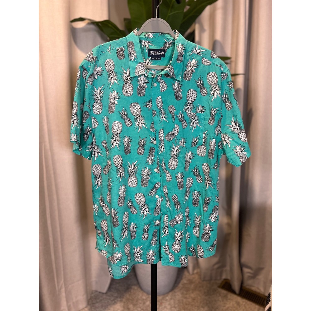 Trunks Surf & Swim Co Mens Large Teal Green Pineapple Print Button Down Shirt